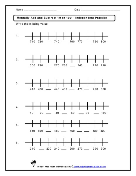 Mentally Add and Subtract 10 or 100 Worksheet