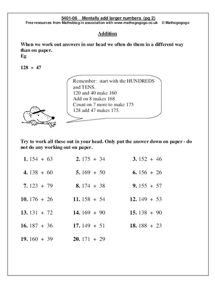 Mentally Add Larger Numbers Worksheet