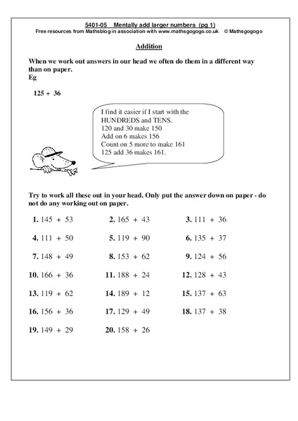 Mentally Add Larger Numbers Worksheet
