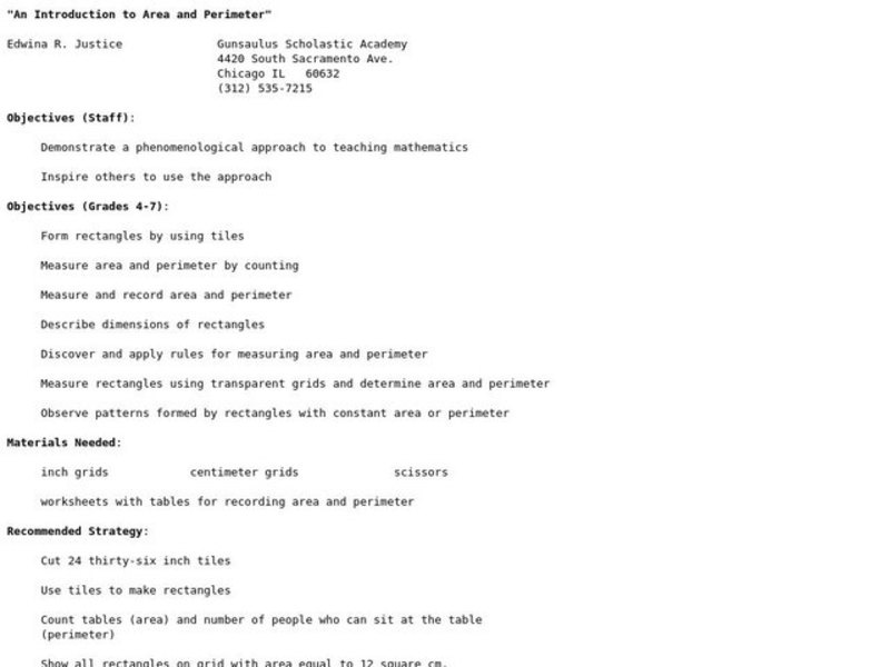 An Introduction to Area and Perimeter Lesson Plan