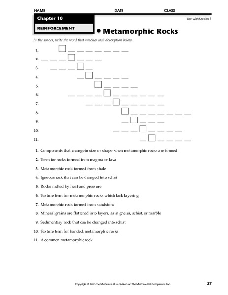Metamorphic Rocks Worksheet