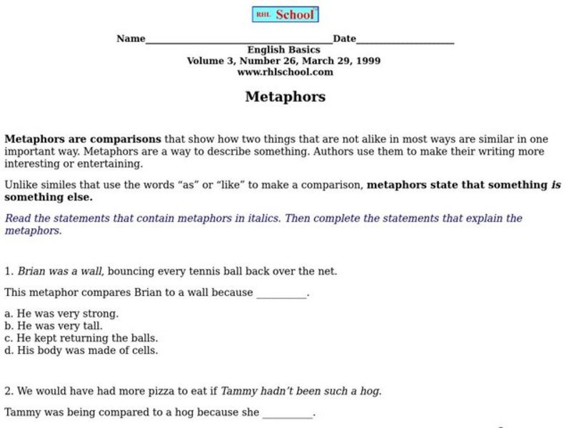 Metaphors Worksheet