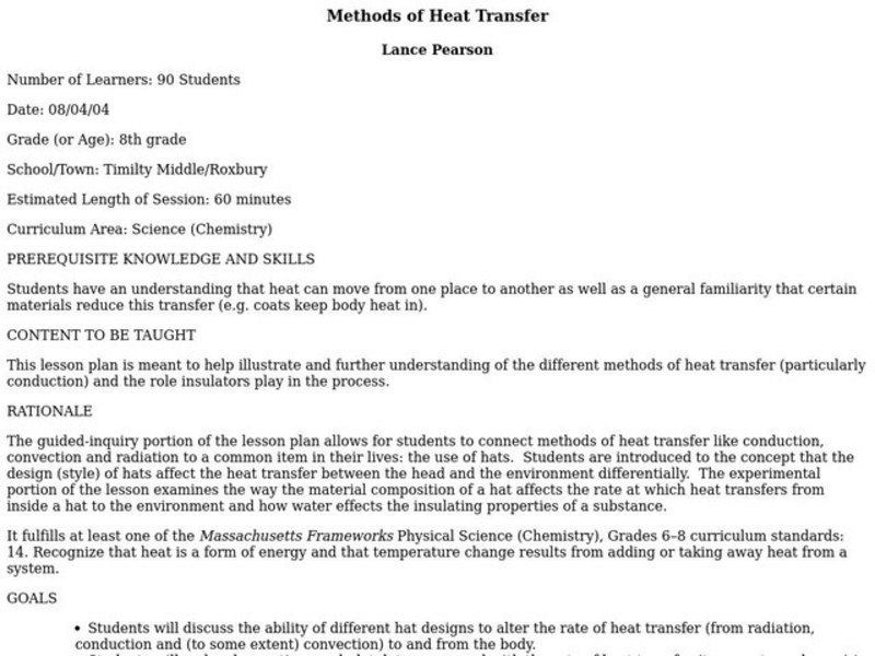 Methods of Heat Transfer Lesson Plan