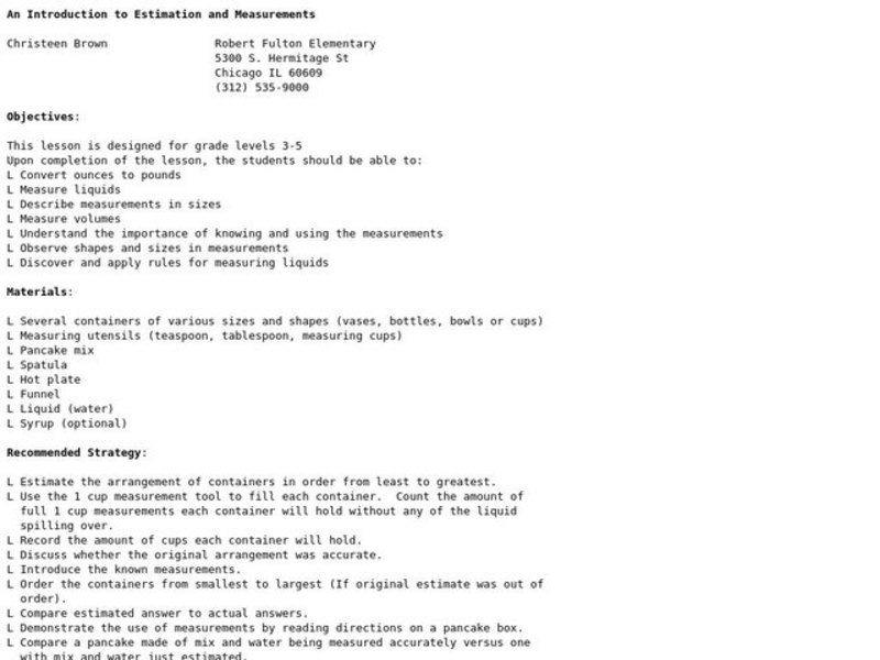 An Introduction to Estimation and Measurements Lesson Plan