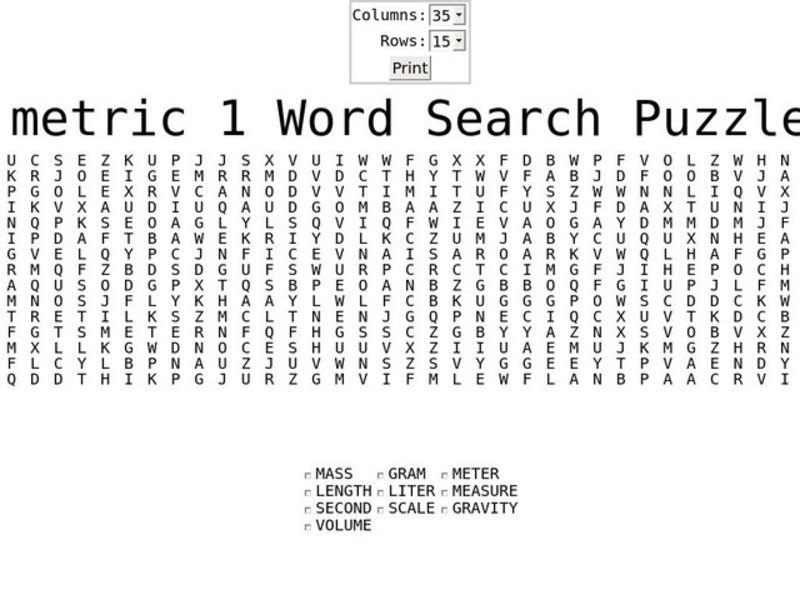 Metric 1 Word Search Worksheet