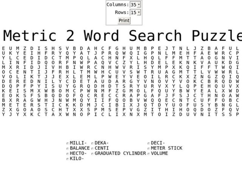 Metric 2 Word Search Worksheet