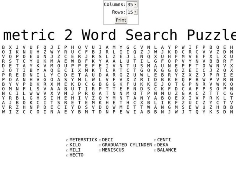 Metric 2 Word Search Worksheet