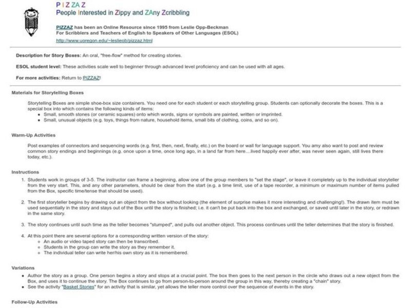 Pizzaz!...Story Boxes Lesson Plan