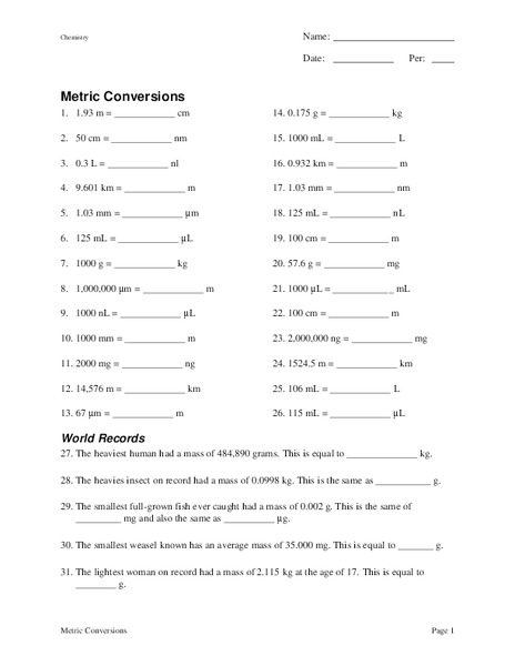 Metric Conversions Worksheet