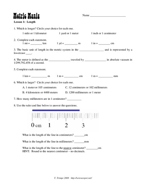 Metric Mania Worksheet