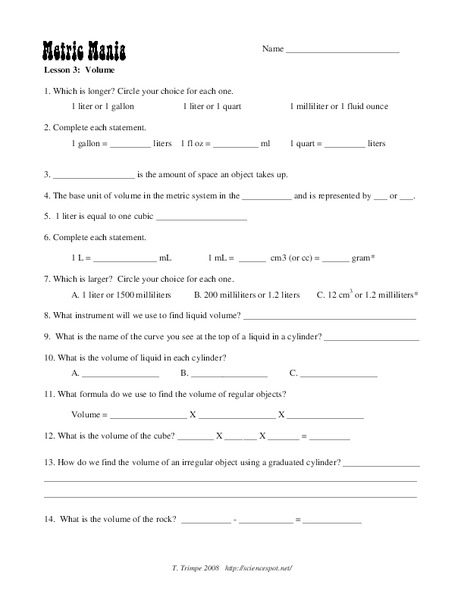 Metric Mania Worksheet