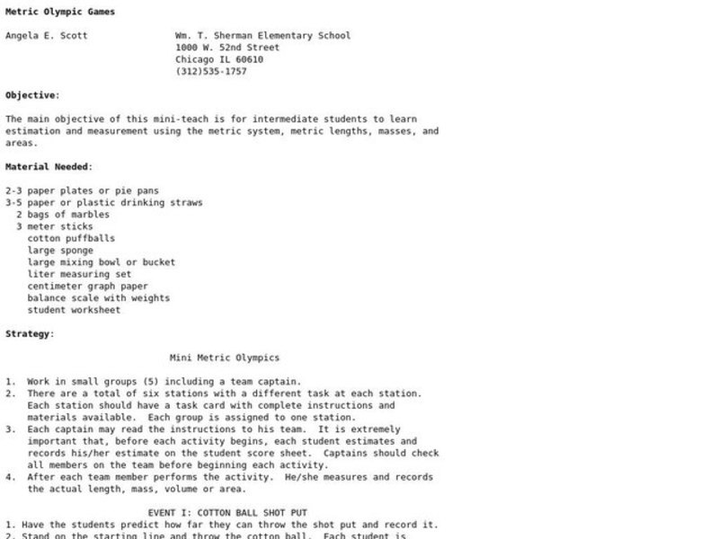 Metric Olympic Games Lesson Plan