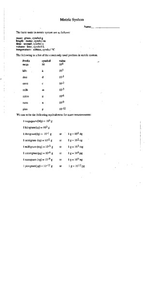 Metric System Worksheet