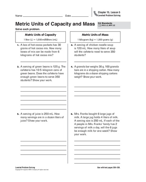Metric Units of Capacity and Mass Worksheet