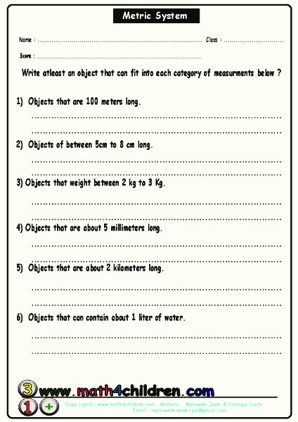 Metric System Worksheet