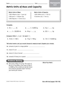 Metric Units of Mass and Capacity Worksheet