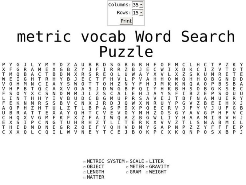 Metric Vocab Word Search Worksheet