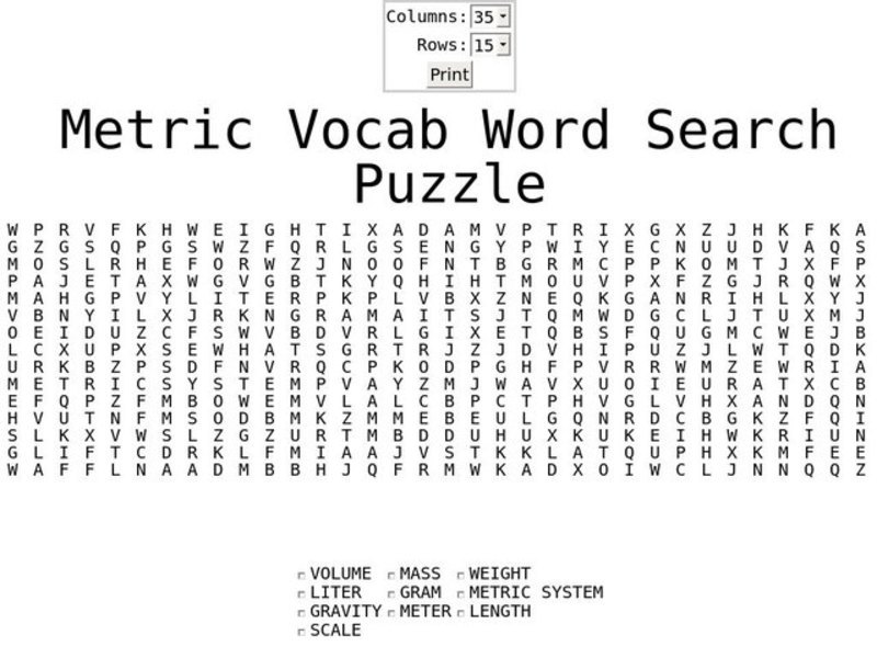 Metric Vocab Word Search Worksheet