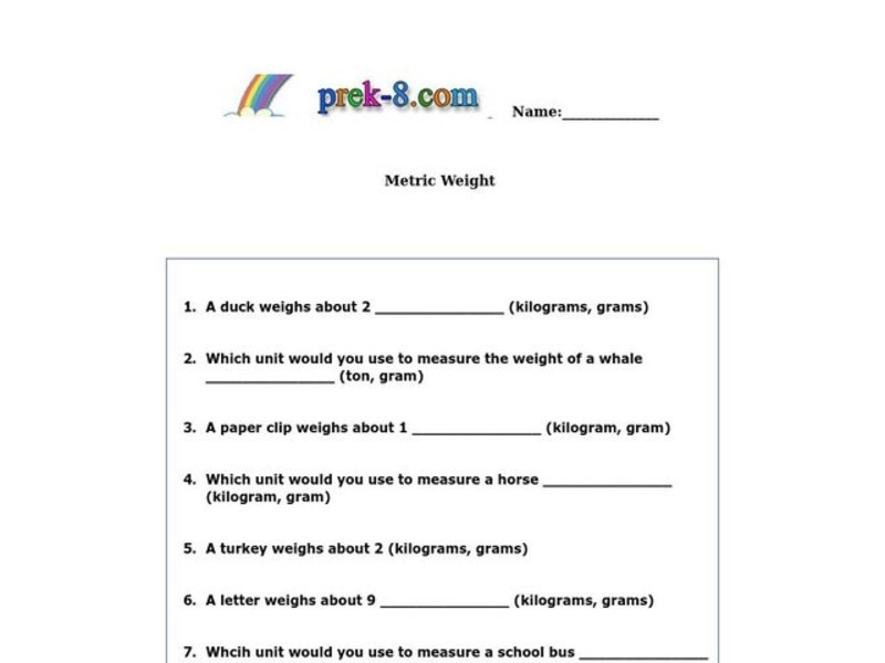 Metric Weight Worksheet