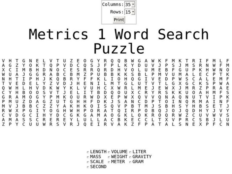 Metrics 1 Word Search Worksheet