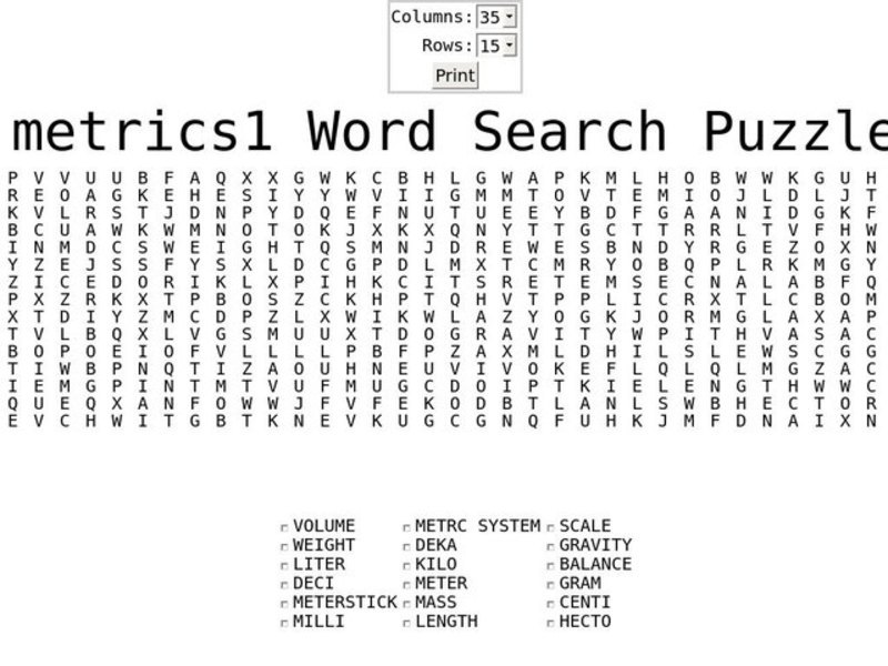 Metrics 1 Word Search Worksheet