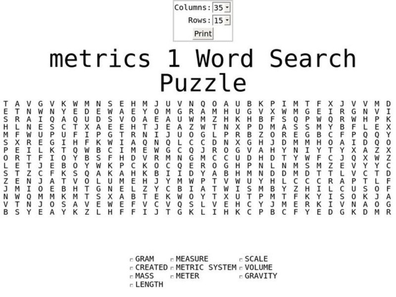 Metrics 1 Word Search Worksheet