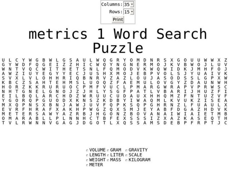Metrics 1 Word Search Worksheet