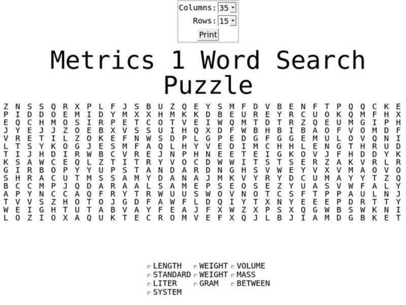 Metrics 1 Word Search Worksheet