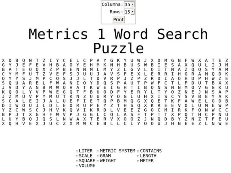 Metrics 1 Word Search Worksheet