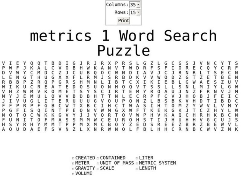 Metrics 1 Word Search Worksheet