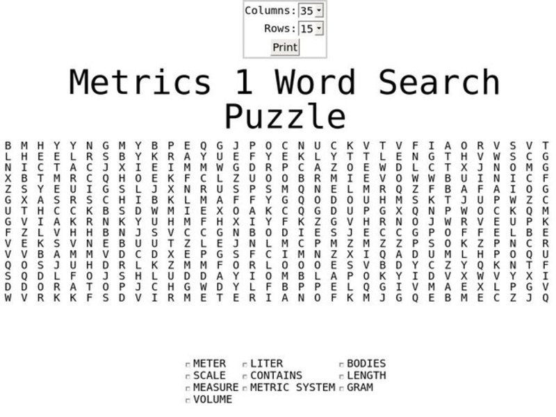Metrics 1 Word Search Worksheet