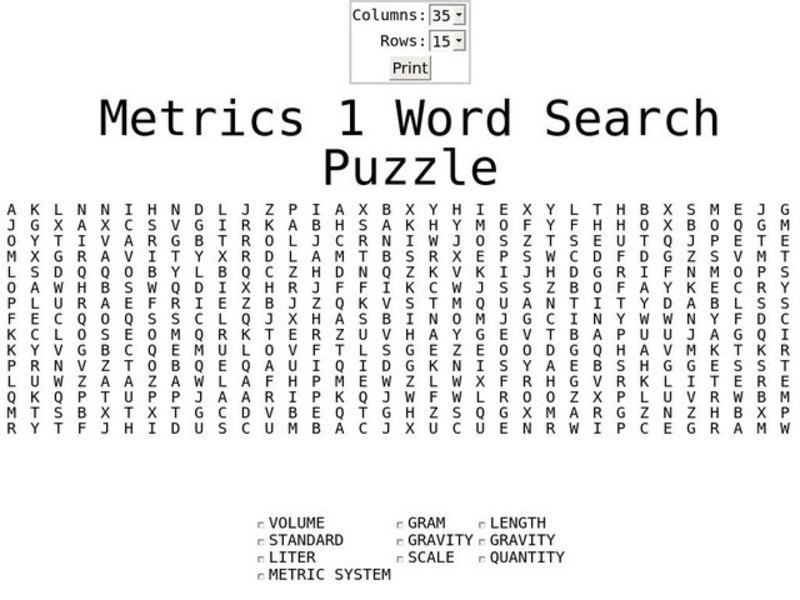 Metrics 1 Word Search Worksheet