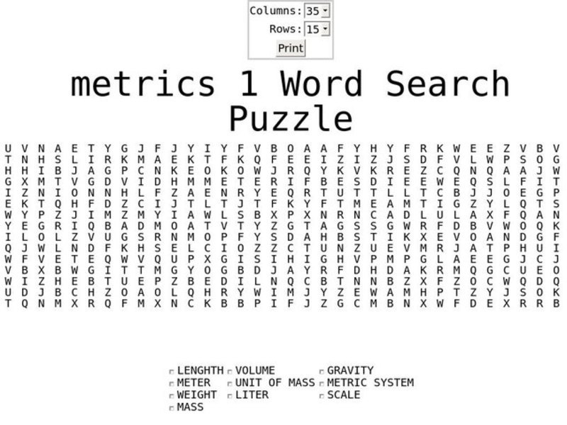 Metrics 1 Word Search Worksheet