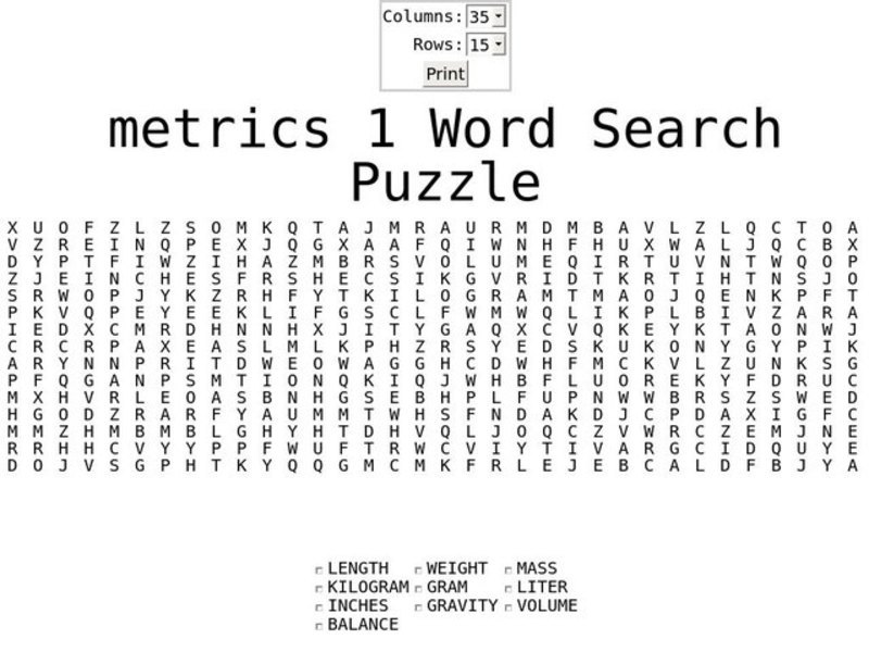 Metrics 1 Word Search Puzzle Worksheet