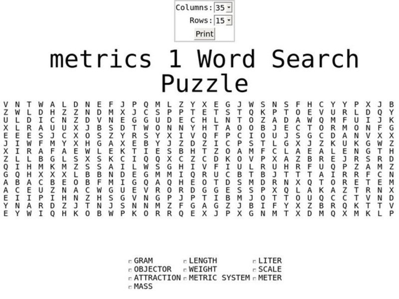 Metrics 1 Word Search Puzzle Worksheet