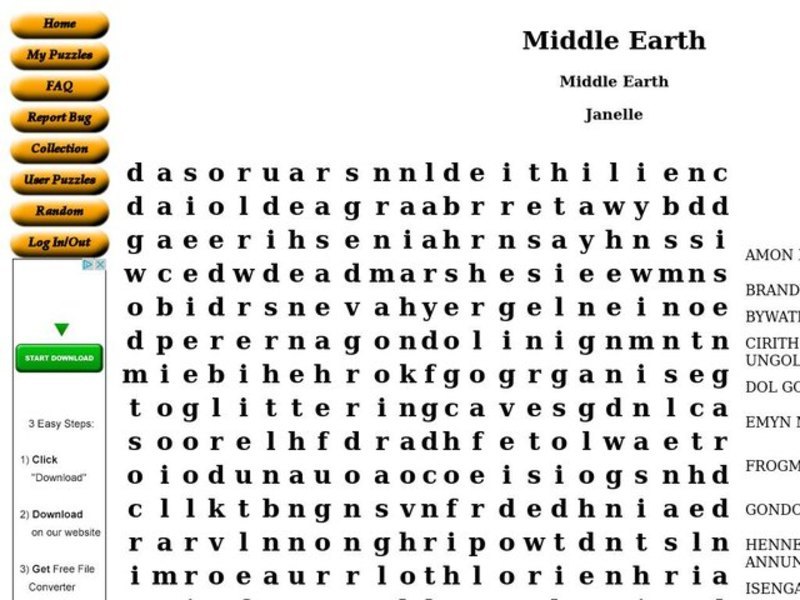 Middle Earth Worksheet