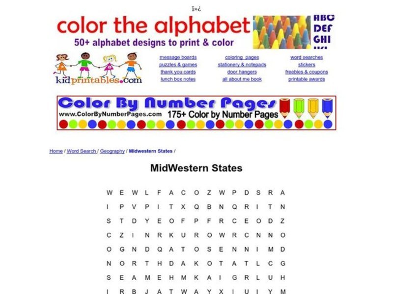 Midwestern States Word Search Worksheet