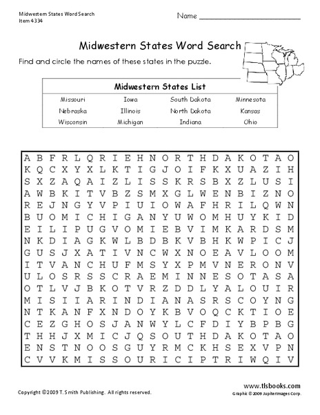 Midwestern States Word Search Worksheet