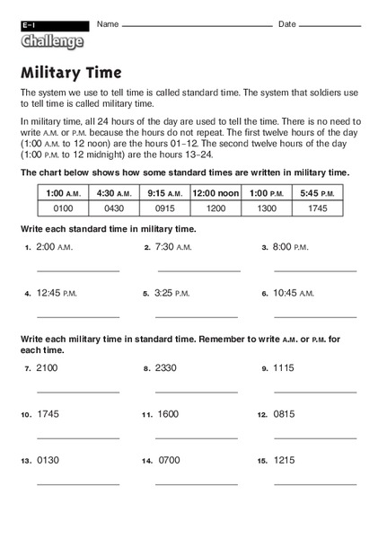 Military Time Worksheet