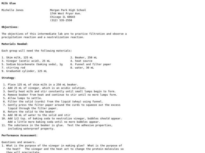 Milk Glue Lesson Plan