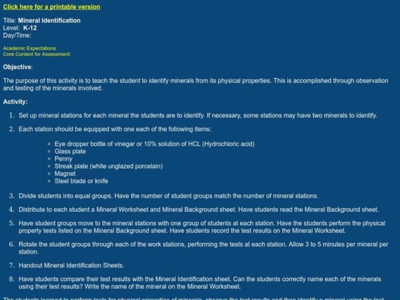 Mineral Identification Lesson Plan