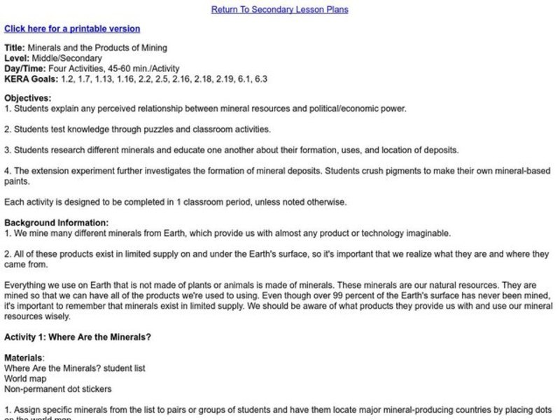 Minerals and the Products of Mining Lesson Plan
