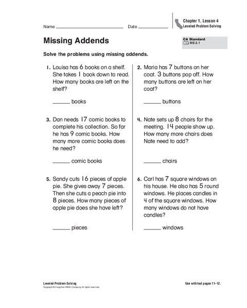 Missing Addends Worksheet