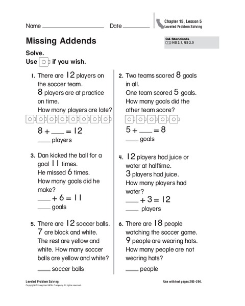 Missing Addends Worksheet