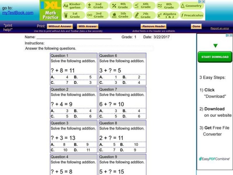 Missing addends Worksheet