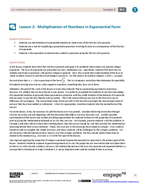 Multiplication of Numbers in Exponential Form Lesson Plan