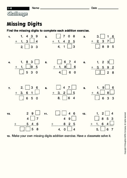 Missing Digits Worksheet
