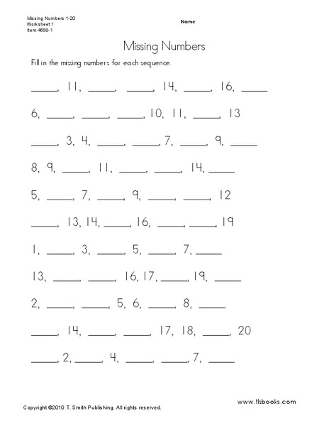 Missing Numbers Worksheet