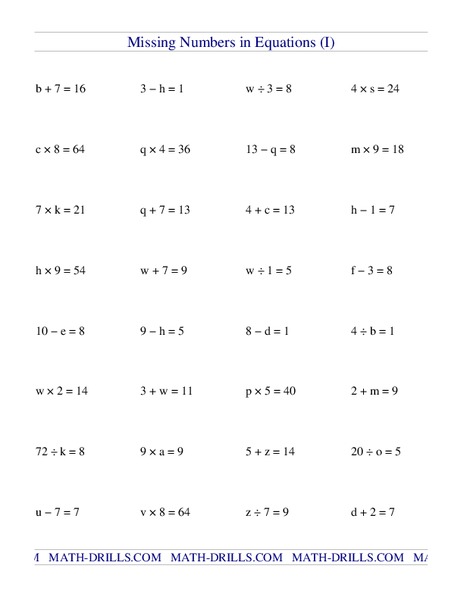 Missing Numbers in Equations Worksheet