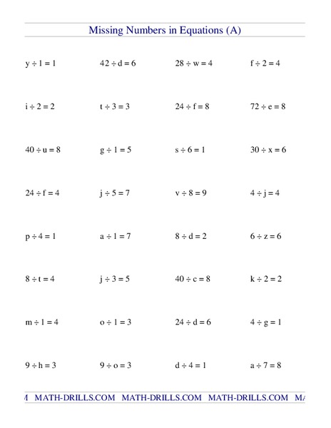 Missing Numbers in Equations (A) Worksheet